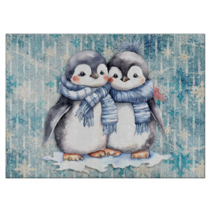 Winter Blue Watercolor Penguins With Scarves Cutting Board