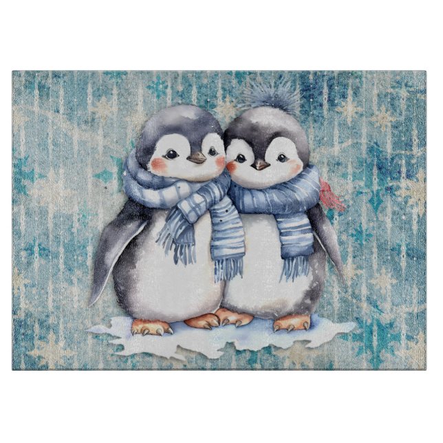 Winter Blue Watercolor Penguins With Scarves Cutting Board (Front)