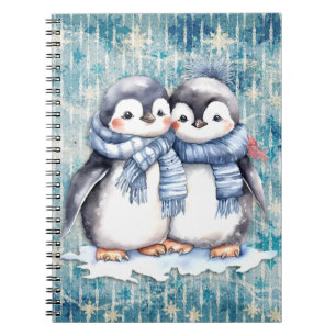 Winter Blue Watercolor Penguins With Scarves Notebook