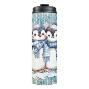 Winter Blue Watercolor Penguins With Scarves Thermal Tumbler