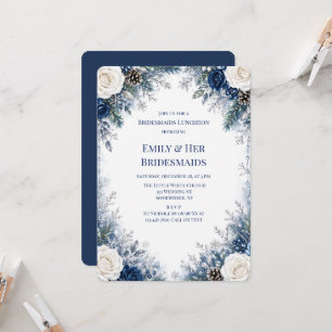 Winter Blue White Rose Bridesmaids Luncheon Invitation