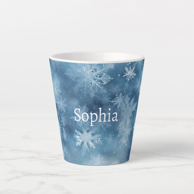 Winter Blue White Snowflakes Christmas Latte Mug (Front)
