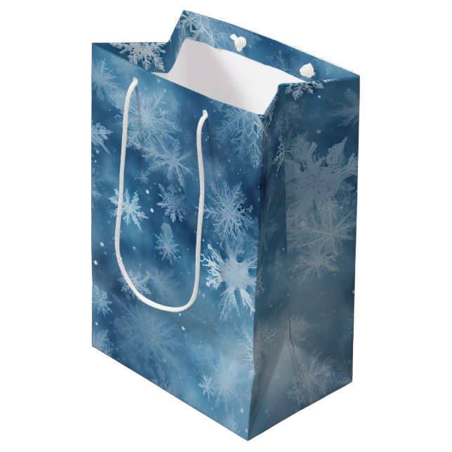 Winter Blue White Snowflakes Christmas Medium Gift Bag (Front Angled)