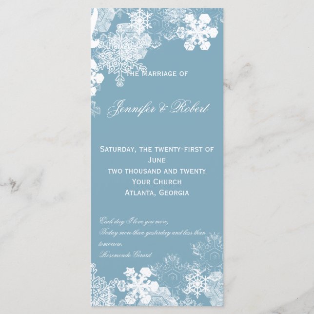 Winter Blue White Snowflakes Wedding Program Programme (Front)