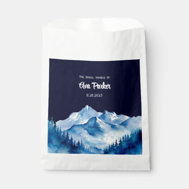 Winter Blue White Snowy Mountains Bridal Shower Favour Bags (Front)
