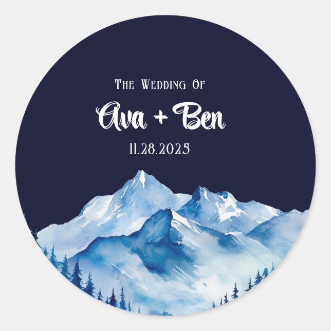 Winter Blue White Snowy Mountains Wedding Classic Round Sticker (Front)