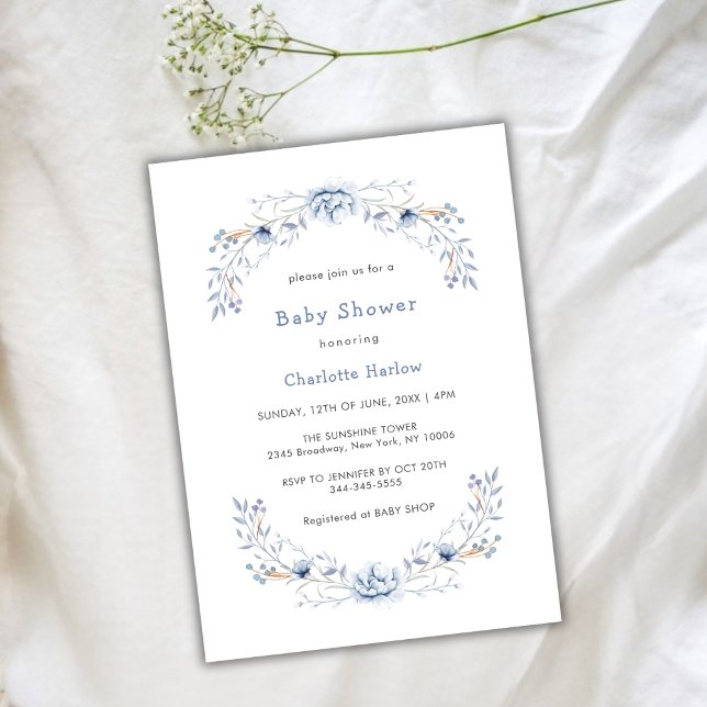 Winter Blue Wildflower Floral Wreath Baby Shower Invitation (Winter Blue Wildflower Floral Wreath Baby Shower Invitation)