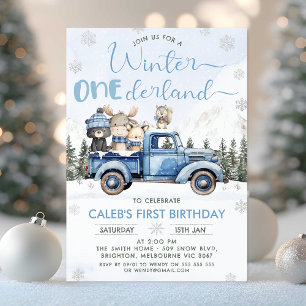 Winter Blue Woodland Truck Onederland 1st Birthday Invitation