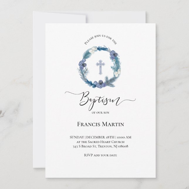 winter blue wreath watercolor | Baptism   Invitation (Front)