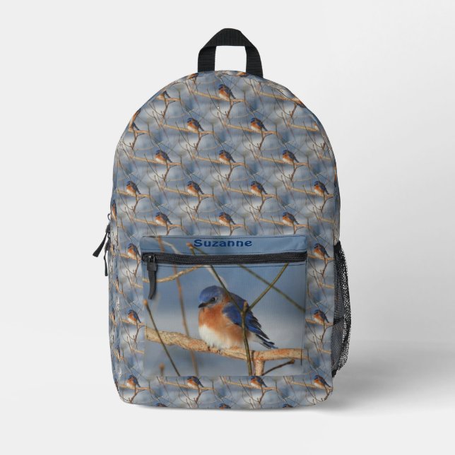Winter Bluebird Animal Pattern Personalised   Printed Backpack (Front)