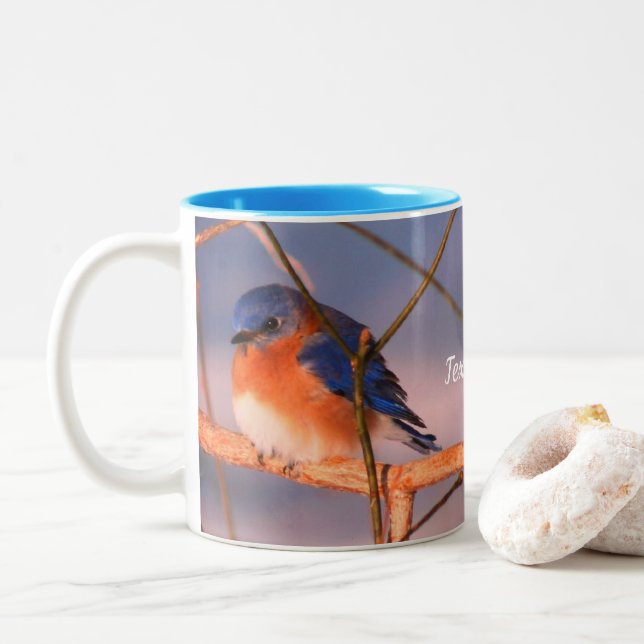Winter Bluebird Animal Personalised Two-Tone Coffee Mug (With Donut)