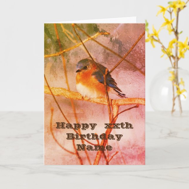 Winter Bluebird Art Personalised Birthday Card (Yellow Flower)