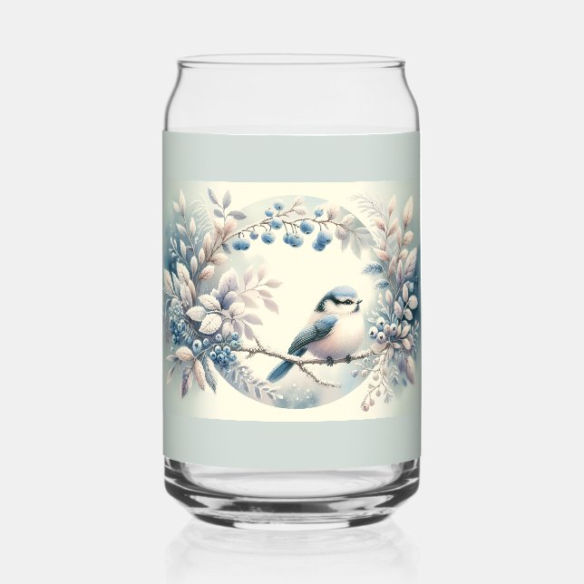 Winter Bluebird Berry Wreath Can Glass (Front)