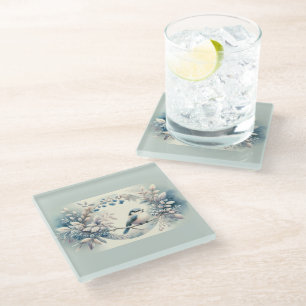 Winter Bluebird Berry Wreath Glass Coaster