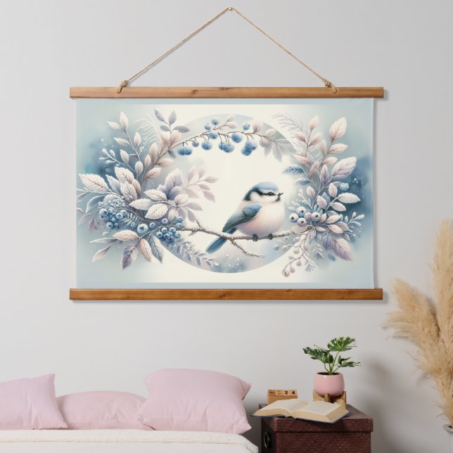 Winter Bluebird Berry Wreath Hanging Tapestry (Bedroom)