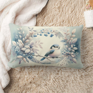 Winter Bluebird Berry Wreath Lumbar Cushion