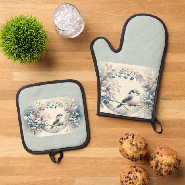 Winter Bluebird Berry Wreath Oven Mitt & Pot Holder Set (Top Down)