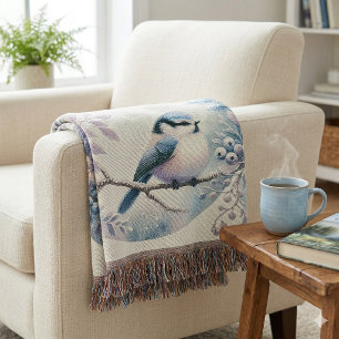 Winter Bluebird Berry Wreath Throw Blanket