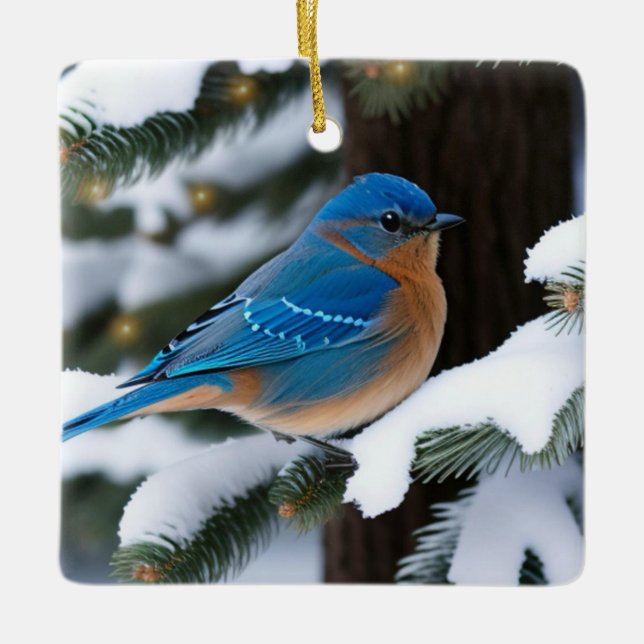 Winter Bluebird Ceramic Ornament (Front)