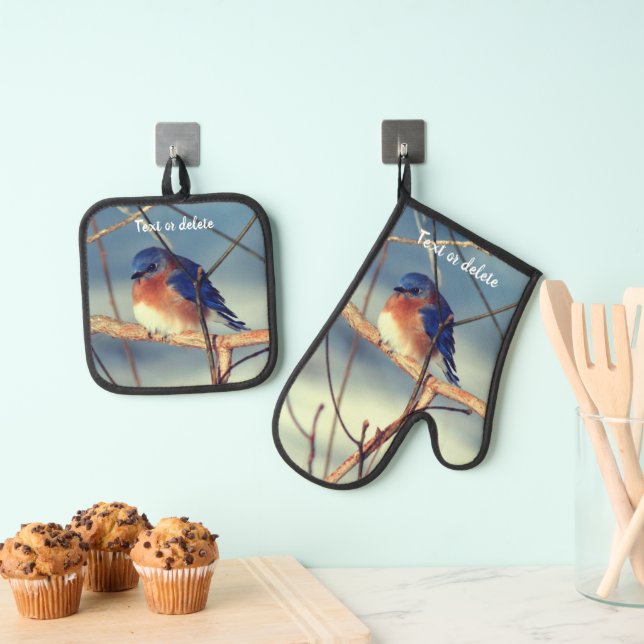 Winter Bluebird Personalised   Oven Mitt & Pot Holder Set (Insitu(Hanging))
