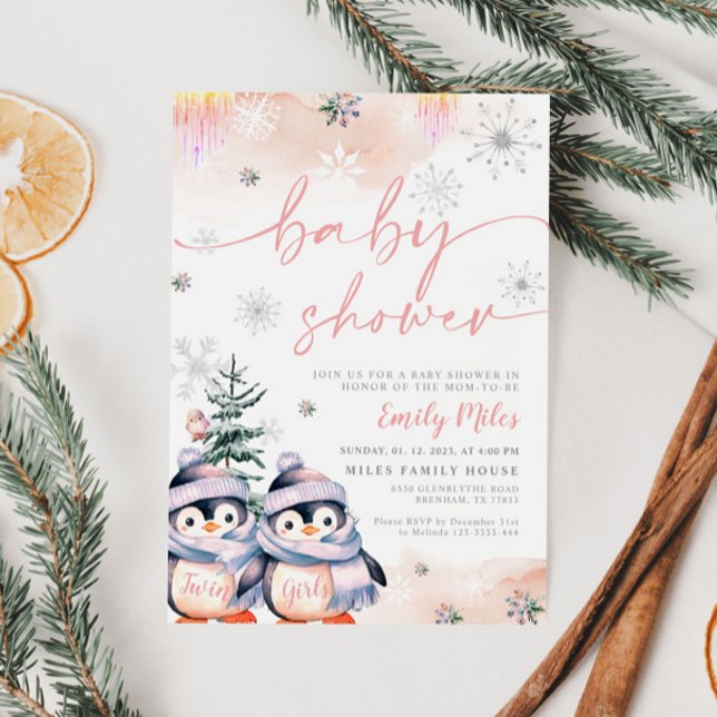 Winter blush and pink penguin Twins Baby Shower Invitation (Creator Uploaded)