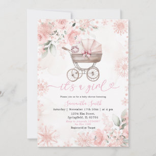 Winter Blush Floral Baby Carriage Baby Shower Invitation