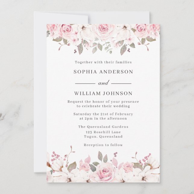 Winter Blush & Grey Watercolor Floral Rose Wedding Invitation (Front)