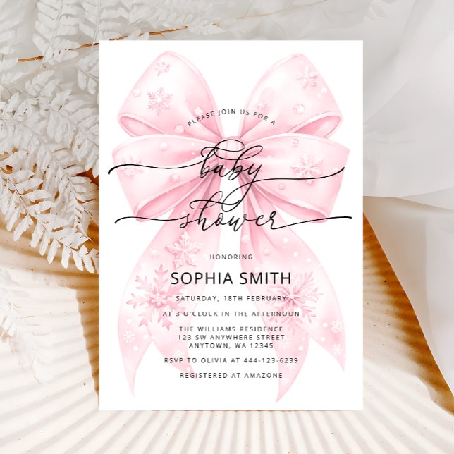 Winter Blush Pink Bow Girl Baby Shower Invitation (Creator Uploaded)