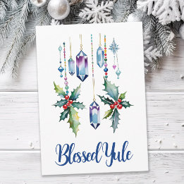 Winter Boho Blue Crystals & Holly Yule Solstice Card