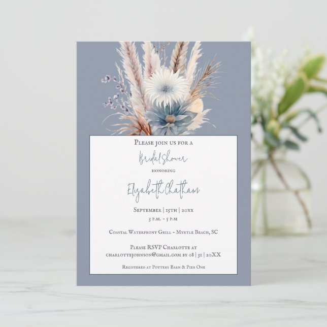 Winter Boho Floral Bridal Shower | Blue Invitation (Standing Front)