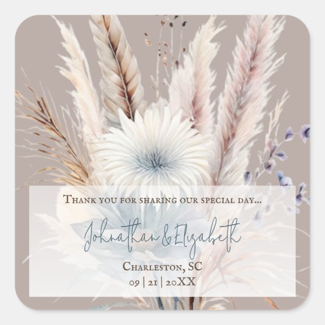 Winter Boho Floral Wedding Favour | Beige Square Sticker (Front)