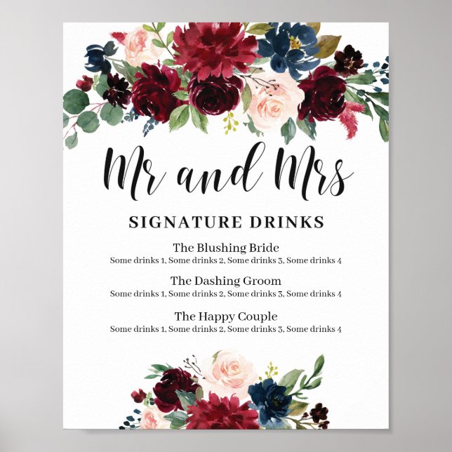 Winter Boho Floral Wedding signature drinks sign (Front)