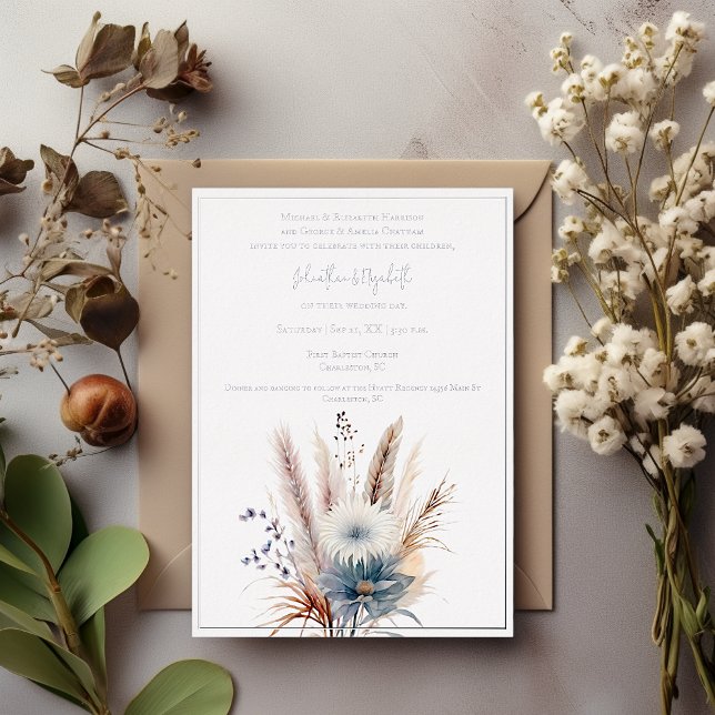 Winter Boho Floral Wedding | White (White Winter Boho Floral Wedding Foil Invitation)