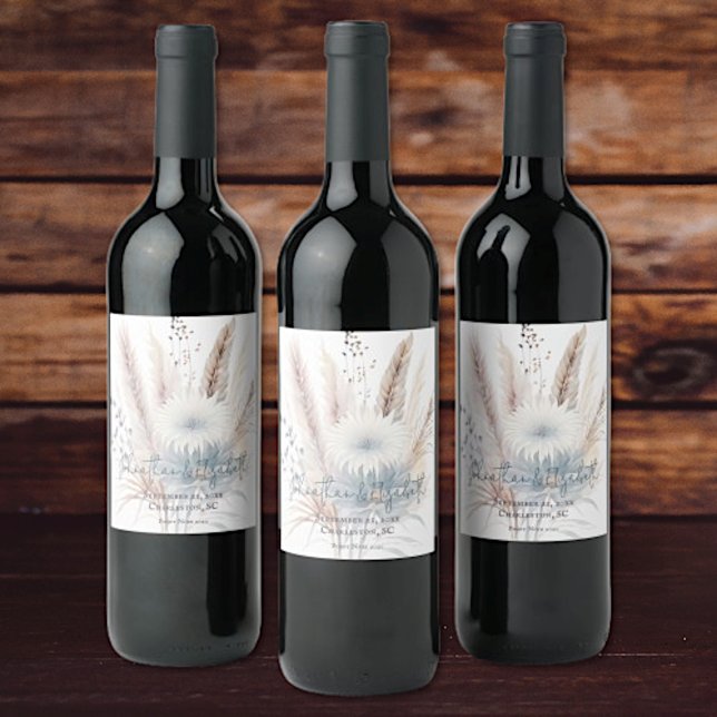 Winter Boho Floral Wedding | White Wine Label (White Winter Boho Floral Wedding Wine Labels)