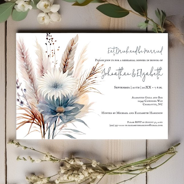 Winter Boho Floral | White Rehearsal Dinner Invitation (White Winter Boho Floral Wedding Rehearsal Dinner Invitation)