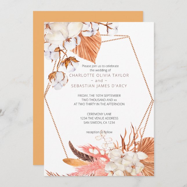 Winter Boho Flower Leaves Feather Wedding Invitation (Front/Back)