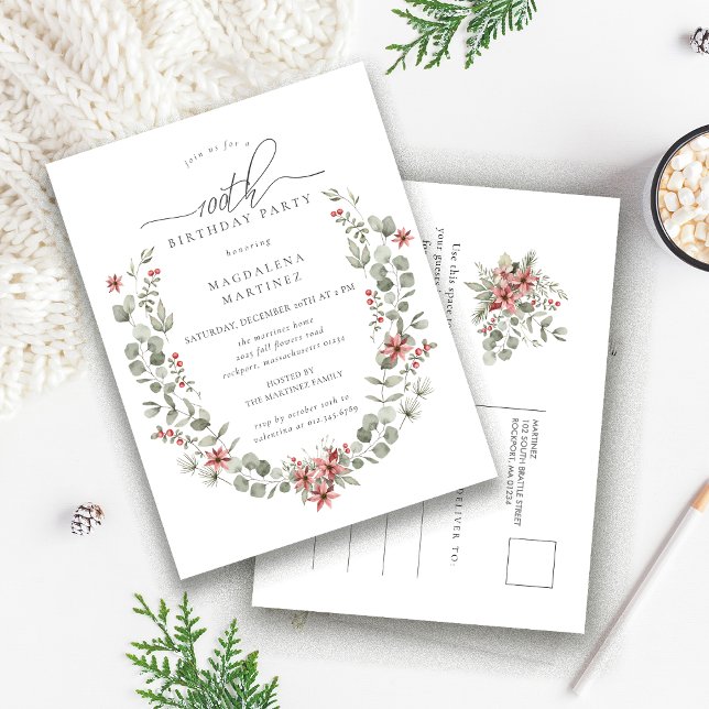 Winter Boho Greenery Red Floral 100th Birthday Invitation Postcard (Creator Uploaded)