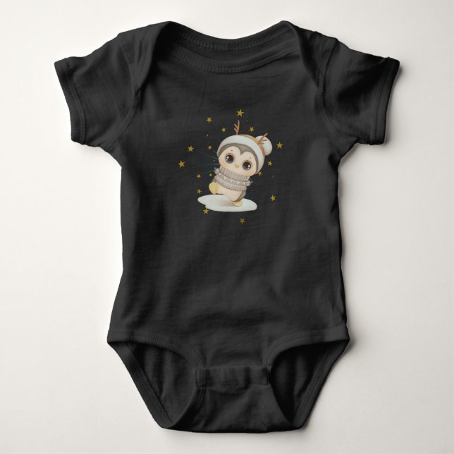 Winter Boho Penguin With Stars Baby Bodysuit (Front)