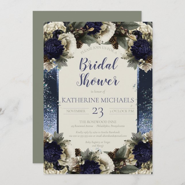 Winter Botanical Blue | Winter White Bridal Shower Invitation (Front/Back)