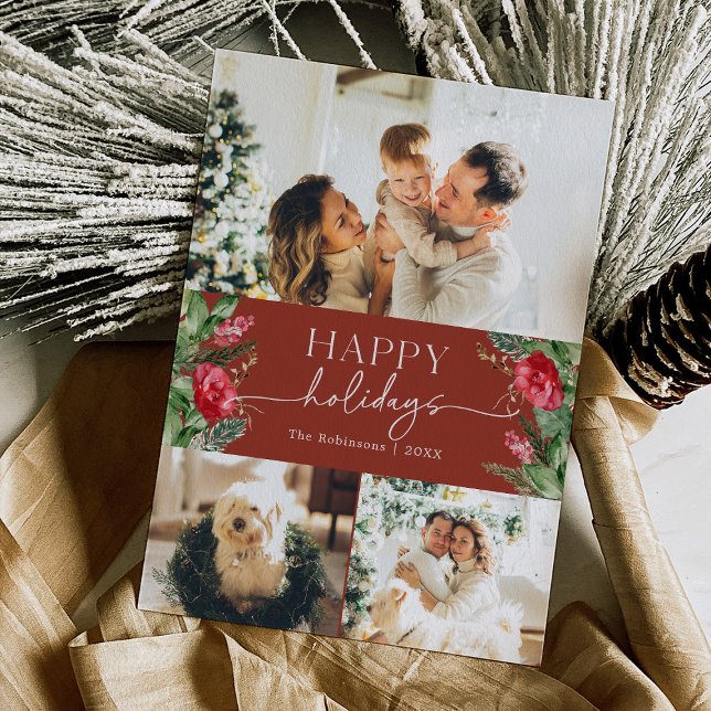 Winter Botanical Burgundy Red Modern Script Photo Holiday Card (Creator Uploaded)
