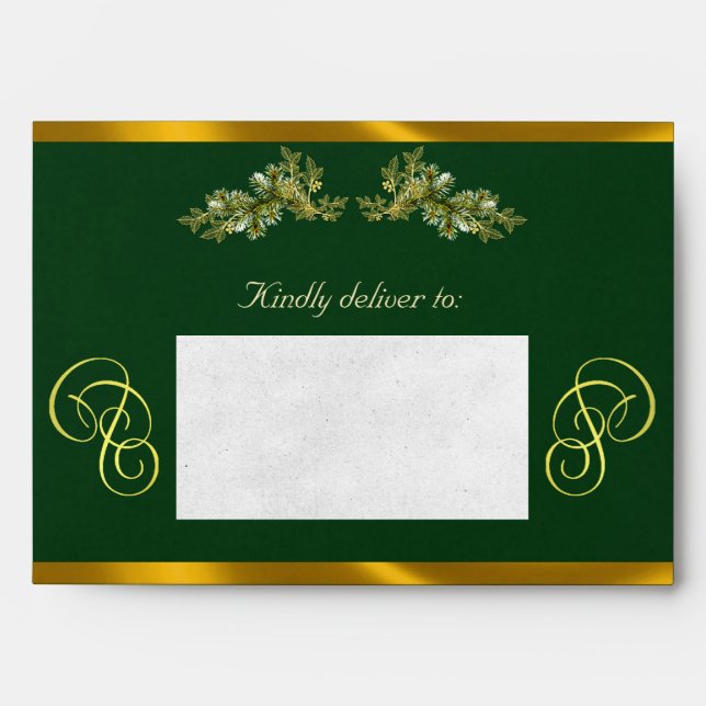Winter Botanical & Calligraphy - Emerald/Gold Envelope (Front)