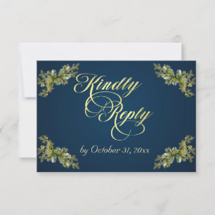 Winter Botanical Calligraphy - Gold/Blue RSVP Card