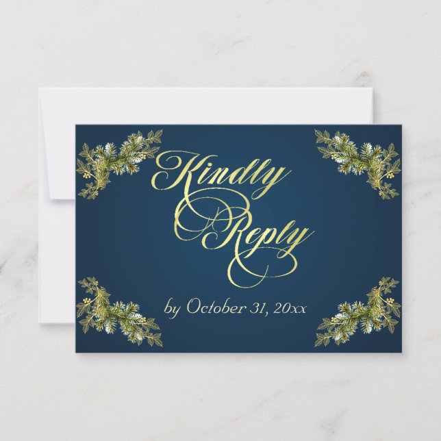 Winter Botanical Calligraphy - Gold/Blue RSVP Card (Front)