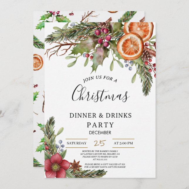 Winter Botanical Christmas Invite | Rustic Dinner  (Front/Back)