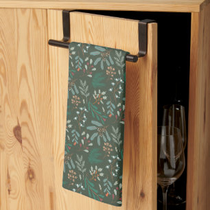 Winter Botanical Christmas Pattern Green Tea Towel