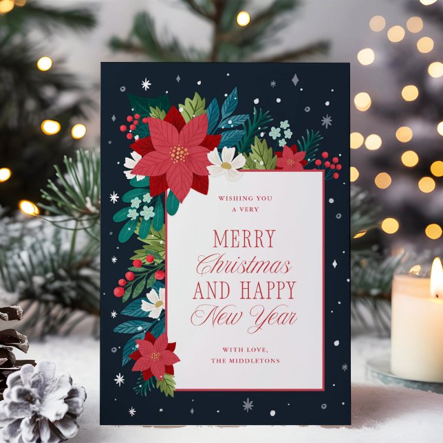 Winter Botanical Colourful Merry Christmas  Holiday Card (colourful botanical Christmas greeting card with illustrated flowers and leaves in red, green, blue.)