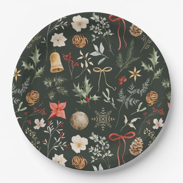 Winter Botanical Festive Christmas Paper Plate (Front)