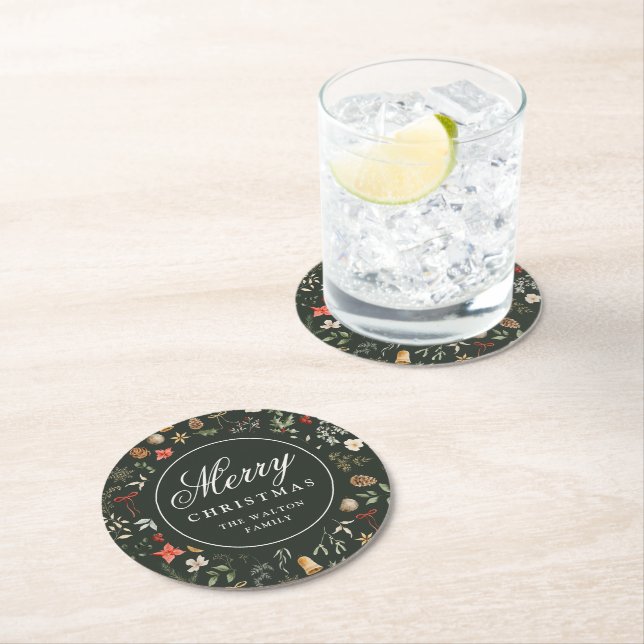 Winter Botanical Festive Merry Christmas Round Paper Coaster (Insitu)