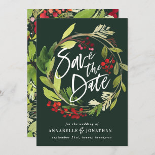 winter botanical foliage red green watercolor save save the date