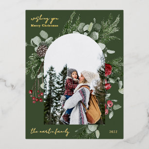Winter Botanical Frame Photo Green Foil Holiday Postcard